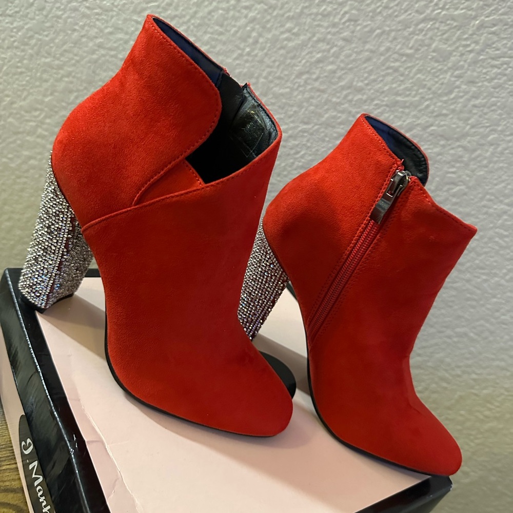 Red Suede Ankle Boots with Rhinestone Heels